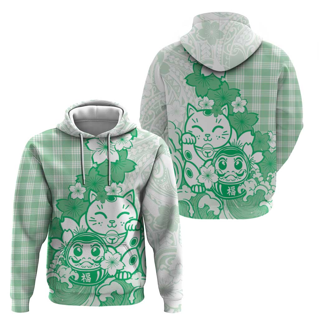 Green Palaka Hawaiian And Japanese Hoodie Maneki Neko And Sakura Bloom