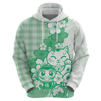Green Palaka Hawaiian And Japanese Hoodie Maneki Neko And Sakura Bloom