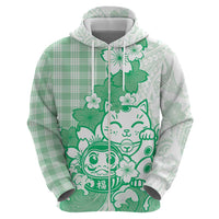 Green Palaka Hawaiian And Japanese Hoodie Maneki Neko And Sakura Bloom
