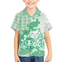 Green Palaka Hawaiian And Japanese Kid Hawaiian Shirt Maneki Neko And Sakura Bloom