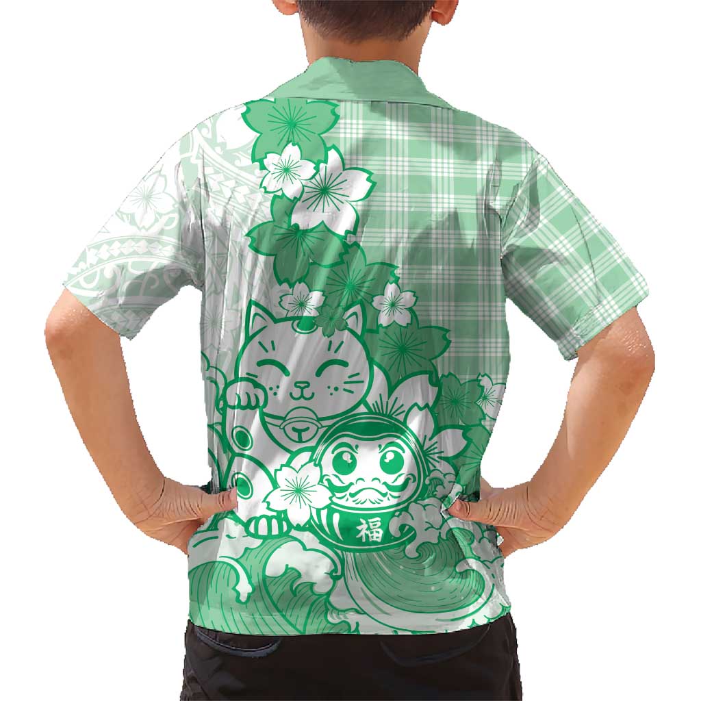 Green Palaka Hawaiian And Japanese Kid Hawaiian Shirt Maneki Neko And Sakura Bloom