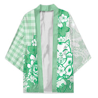 Green Palaka Hawaiian And Japanese Kimono Maneki Neko And Sakura Bloom