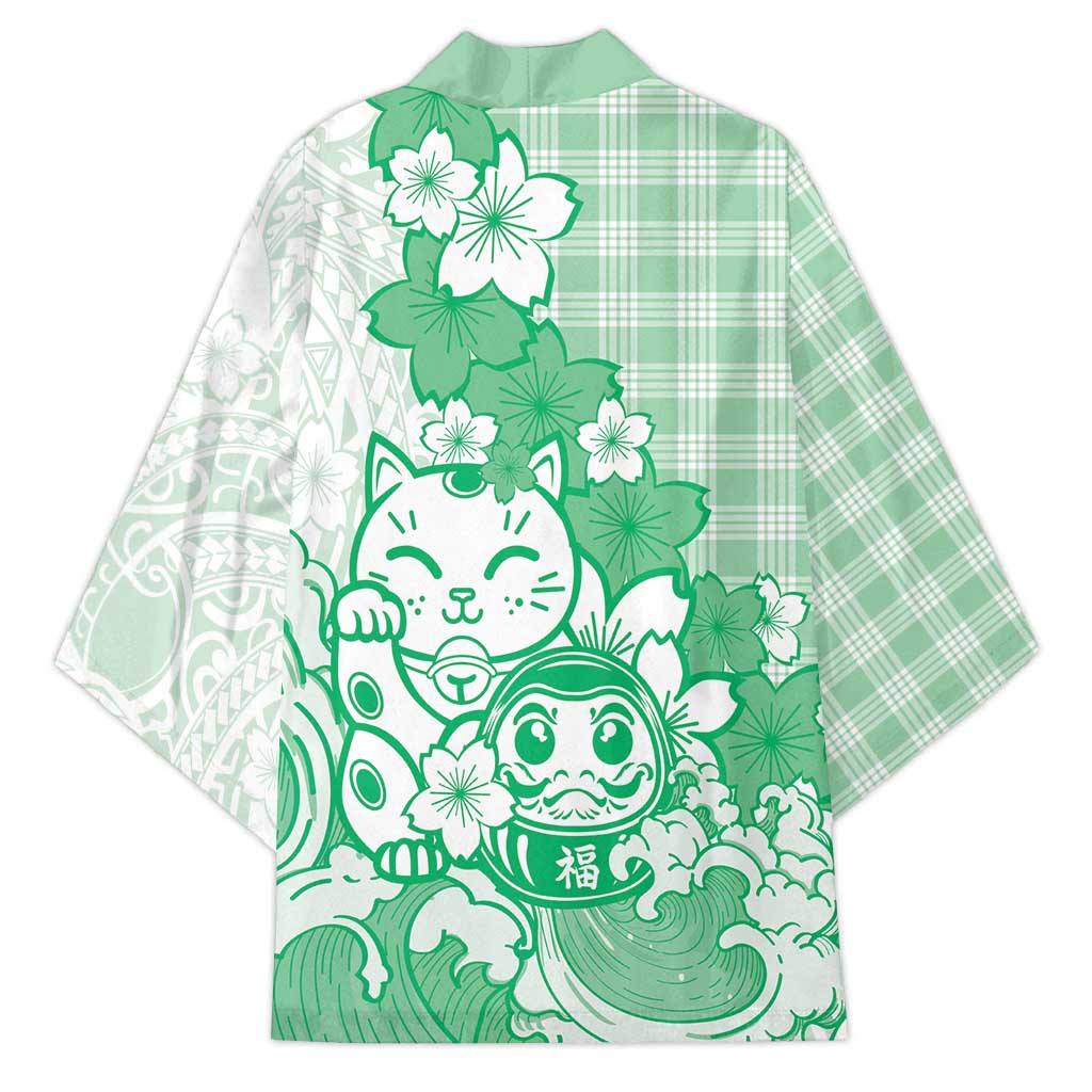 Green Palaka Hawaiian And Japanese Kimono Maneki Neko And Sakura Bloom