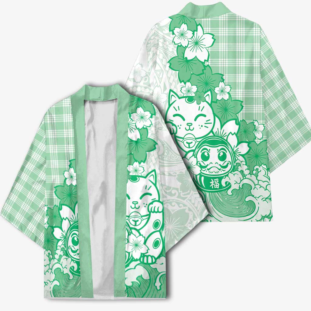 Green Palaka Hawaiian And Japanese Kimono Maneki Neko And Sakura Bloom