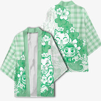Green Palaka Hawaiian And Japanese Kimono Maneki Neko And Sakura Bloom