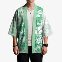 Green Palaka Hawaiian And Japanese Kimono Maneki Neko And Sakura Bloom