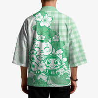 Green Palaka Hawaiian And Japanese Kimono Maneki Neko And Sakura Bloom