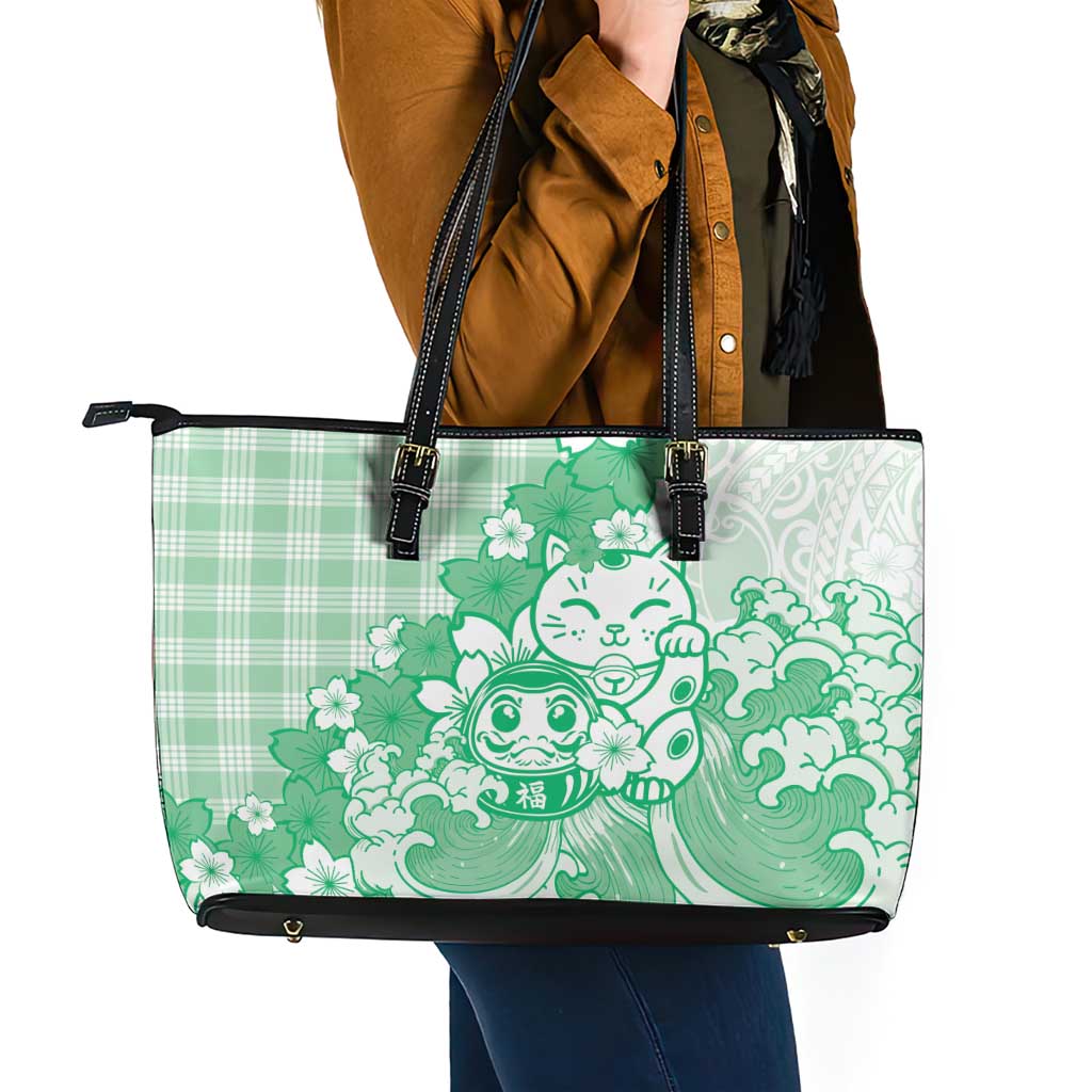 Green Palaka Hawaiian And Japanese Leather Tote Bag Maneki Neko And Sakura Bloom DT05 - Polynesian Pride