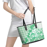 Green Palaka Hawaiian And Japanese Leather Tote Bag Maneki Neko And Sakura Bloom DT05 - Polynesian Pride