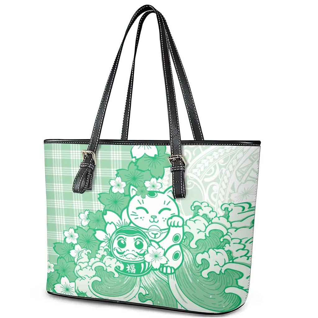 Green Palaka Hawaiian And Japanese Leather Tote Bag Maneki Neko And Sakura Bloom DT05 - Polynesian Pride
