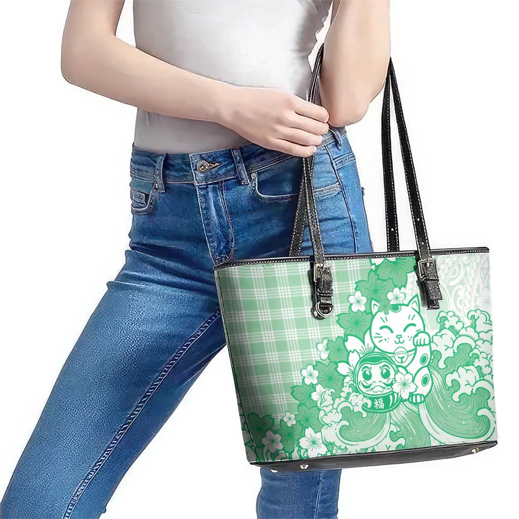 Green Palaka Hawaiian And Japanese Leather Tote Bag Maneki Neko And Sakura Bloom DT05 - Polynesian Pride