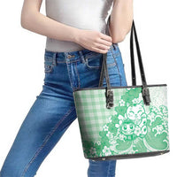 Green Palaka Hawaiian And Japanese Leather Tote Bag Maneki Neko And Sakura Bloom DT05 - Polynesian Pride