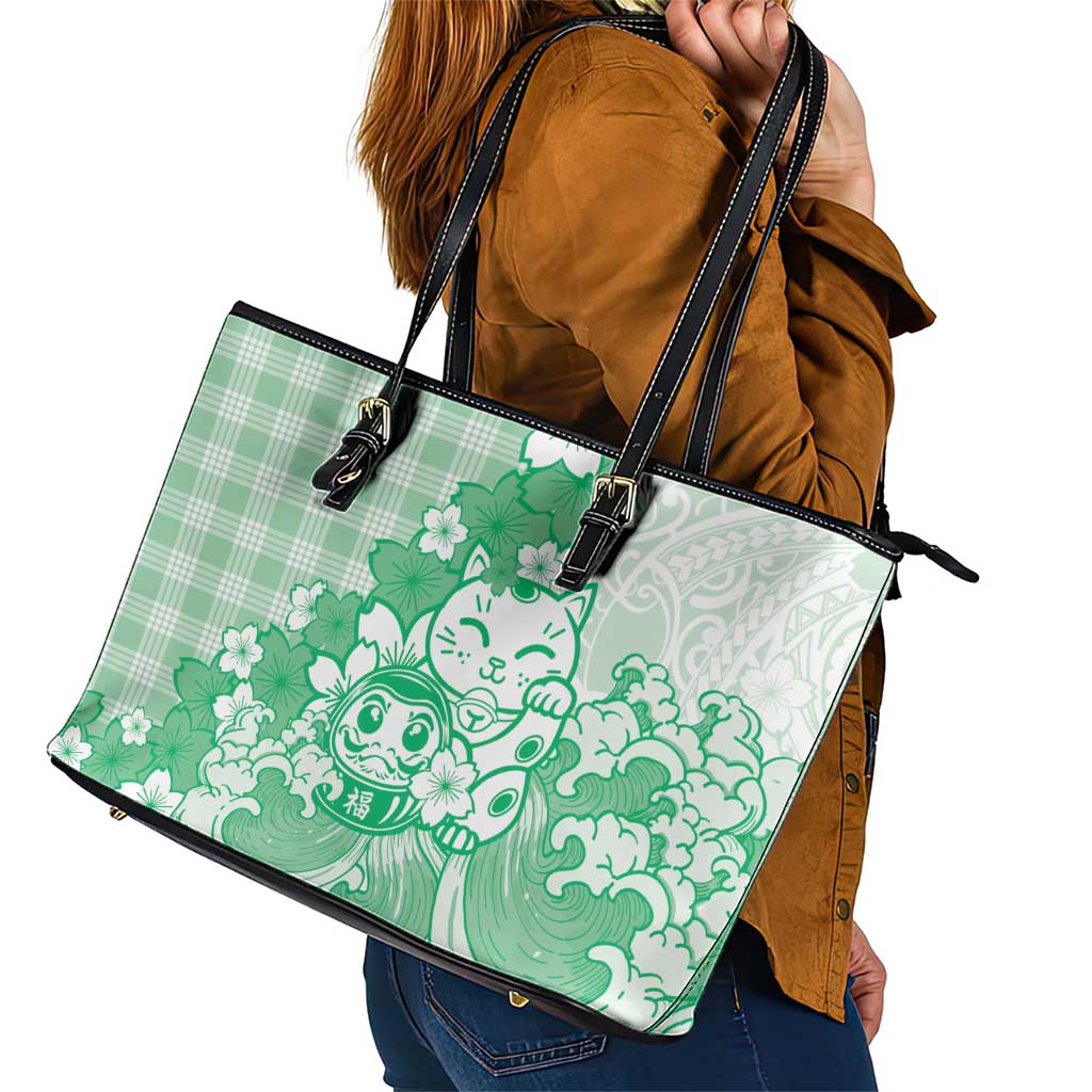 Green Palaka Hawaiian And Japanese Leather Tote Bag Maneki Neko And Sakura Bloom DT05 - Polynesian Pride