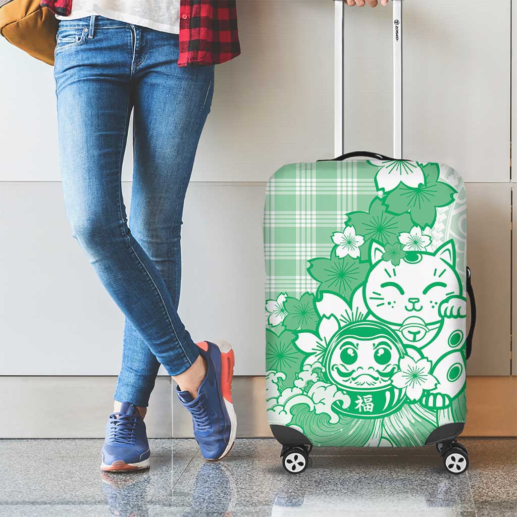 Green Palaka Hawaiian And Japanese Luggage Cover Maneki Neko And Sakura Bloom