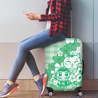 Green Palaka Hawaiian And Japanese Luggage Cover Maneki Neko And Sakura Bloom