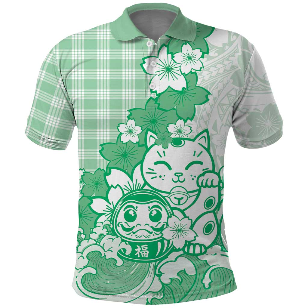 Green Palaka Hawaiian And Japanese Polo Shirt Maneki Neko And Sakura Bloom