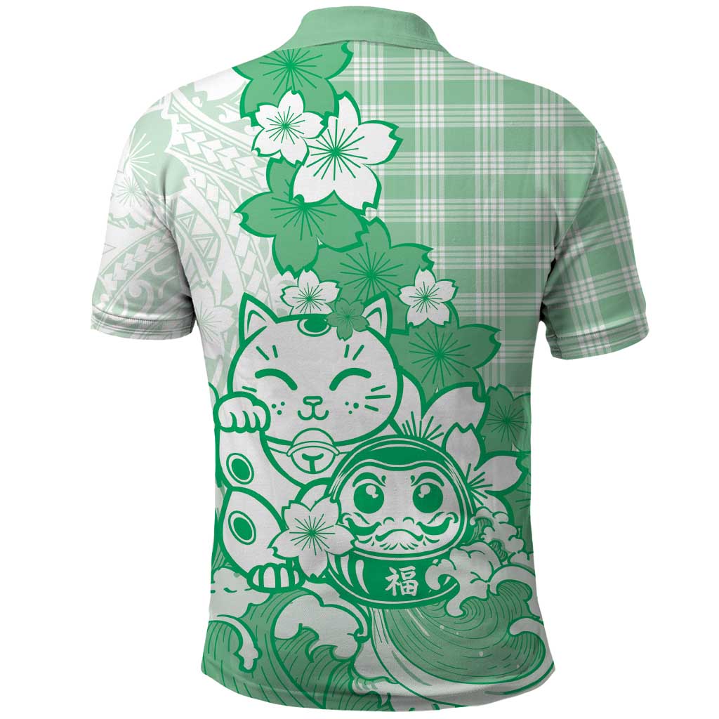 Green Palaka Hawaiian And Japanese Polo Shirt Maneki Neko And Sakura Bloom