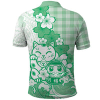 Green Palaka Hawaiian And Japanese Polo Shirt Maneki Neko And Sakura Bloom