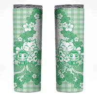 Green Palaka Hawaiian And Japanese Skinny Tumbler Maneki Neko And Sakura Bloom