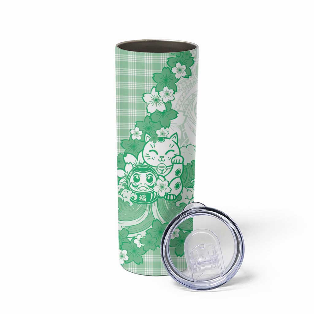 Green Palaka Hawaiian And Japanese Skinny Tumbler Maneki Neko And Sakura Bloom