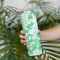 Green Palaka Hawaiian And Japanese Skinny Tumbler Maneki Neko And Sakura Bloom