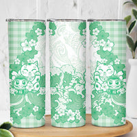 Green Palaka Hawaiian And Japanese Skinny Tumbler Maneki Neko And Sakura Bloom