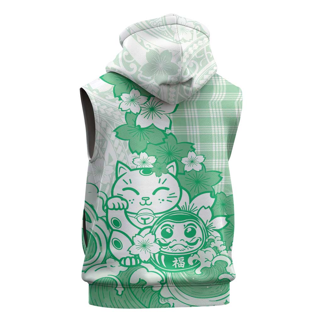 Green Palaka Hawaiian And Japanese Sleeveless Zip Hoodie Maneki Neko And Sakura Bloom DT05 - Polynesian Pride