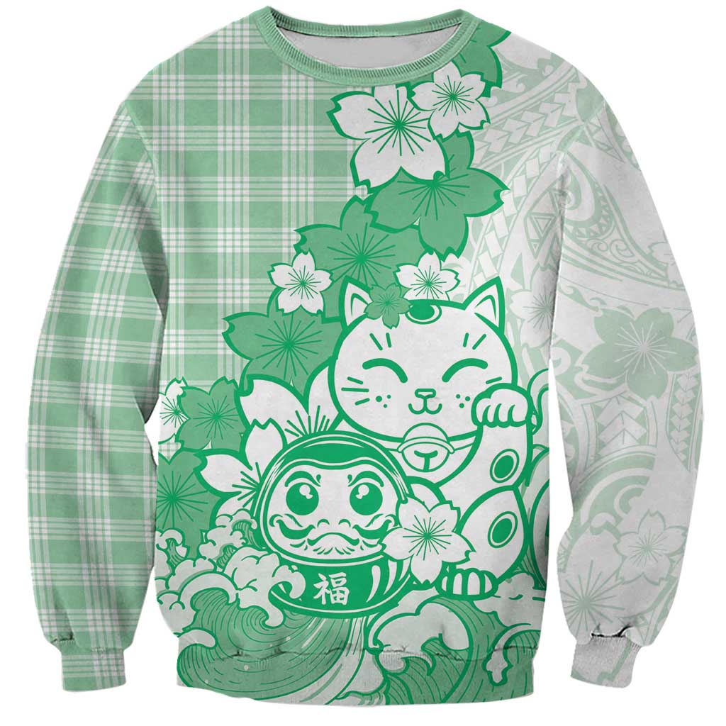 Green Palaka Hawaiian And Japanese Sweatshirt Maneki Neko And Sakura Bloom