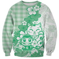 Green Palaka Hawaiian And Japanese Sweatshirt Maneki Neko And Sakura Bloom