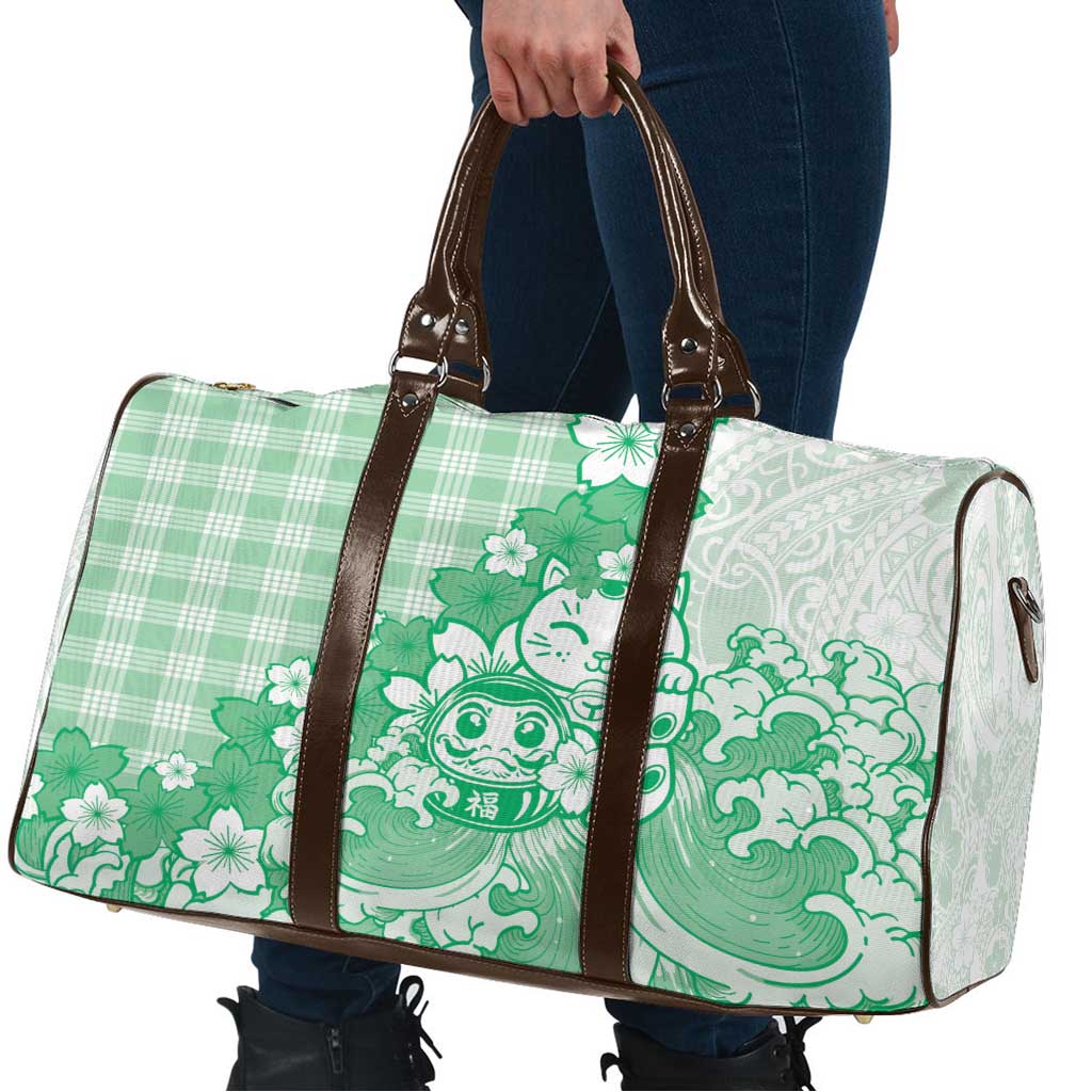 Green Palaka Hawaiian And Japanese Travel Bag Maneki Neko And Sakura Bloom