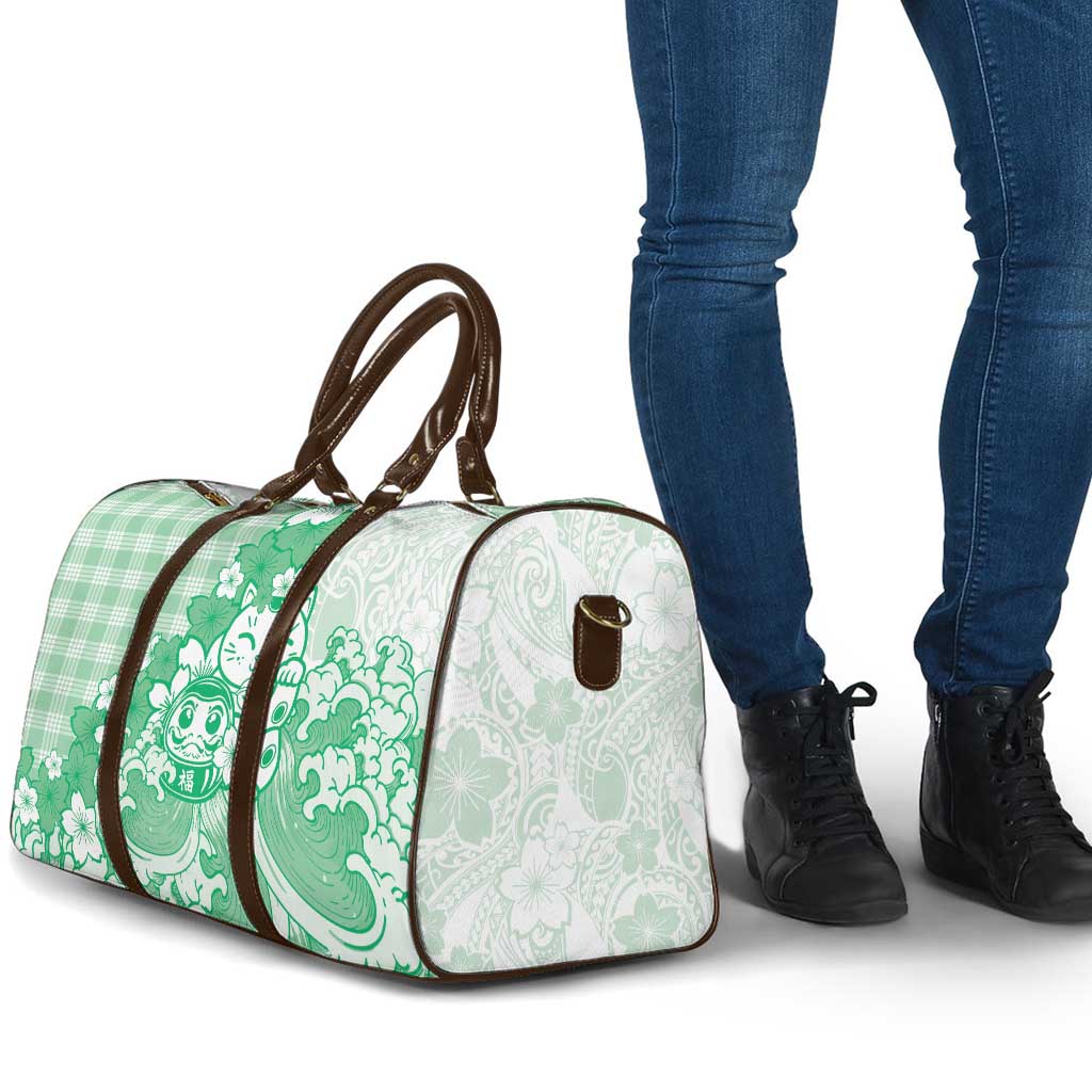 Green Palaka Hawaiian And Japanese Travel Bag Maneki Neko And Sakura Bloom