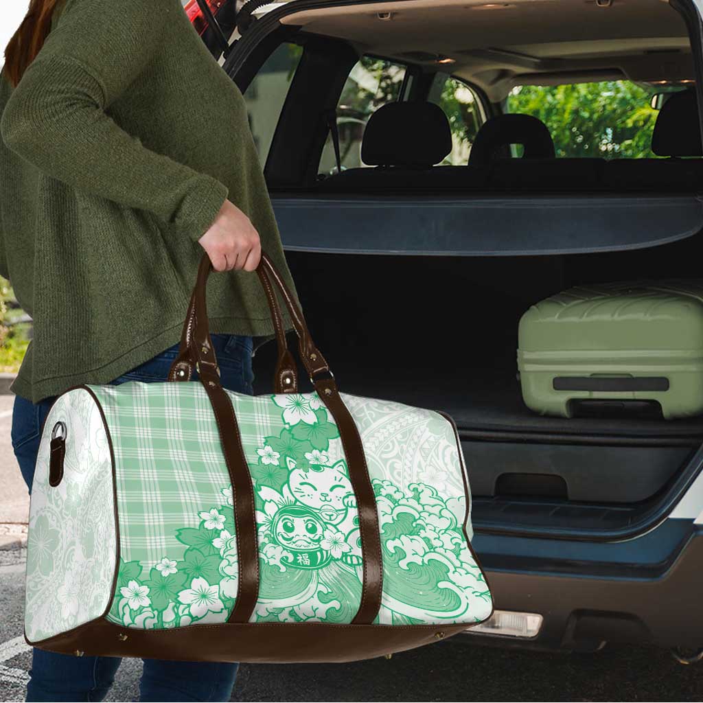 Green Palaka Hawaiian And Japanese Travel Bag Maneki Neko And Sakura Bloom