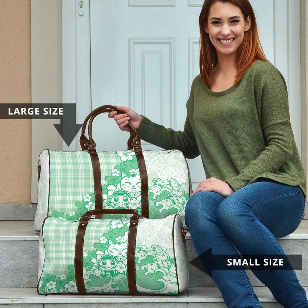 Green Palaka Hawaiian And Japanese Travel Bag Maneki Neko And Sakura Bloom