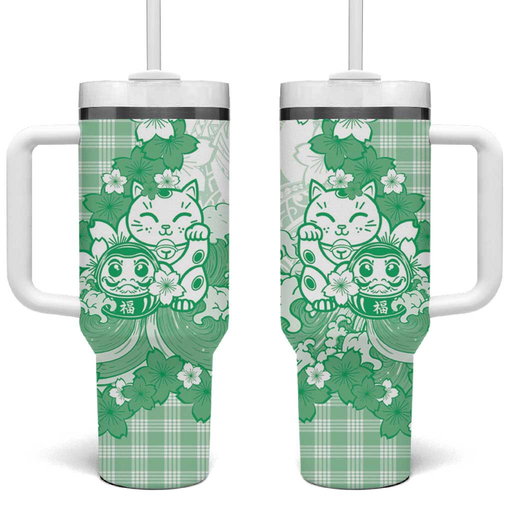 Green Palaka Hawaiian And Japanese Tumbler With Handle Maneki Neko And Sakura Bloom
