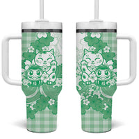 Green Palaka Hawaiian And Japanese Tumbler With Handle Maneki Neko And Sakura Bloom