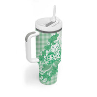 Green Palaka Hawaiian And Japanese Tumbler With Handle Maneki Neko And Sakura Bloom