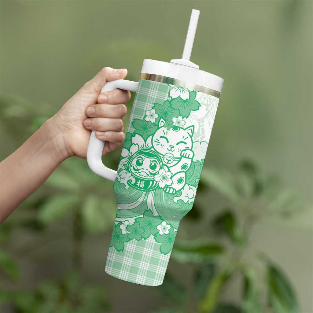 Green Palaka Hawaiian And Japanese Tumbler With Handle Maneki Neko And Sakura Bloom