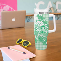 Green Palaka Hawaiian And Japanese Tumbler With Handle Maneki Neko And Sakura Bloom