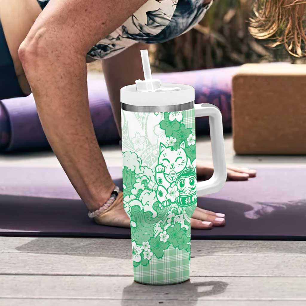 Green Palaka Hawaiian And Japanese Tumbler With Handle Maneki Neko And Sakura Bloom