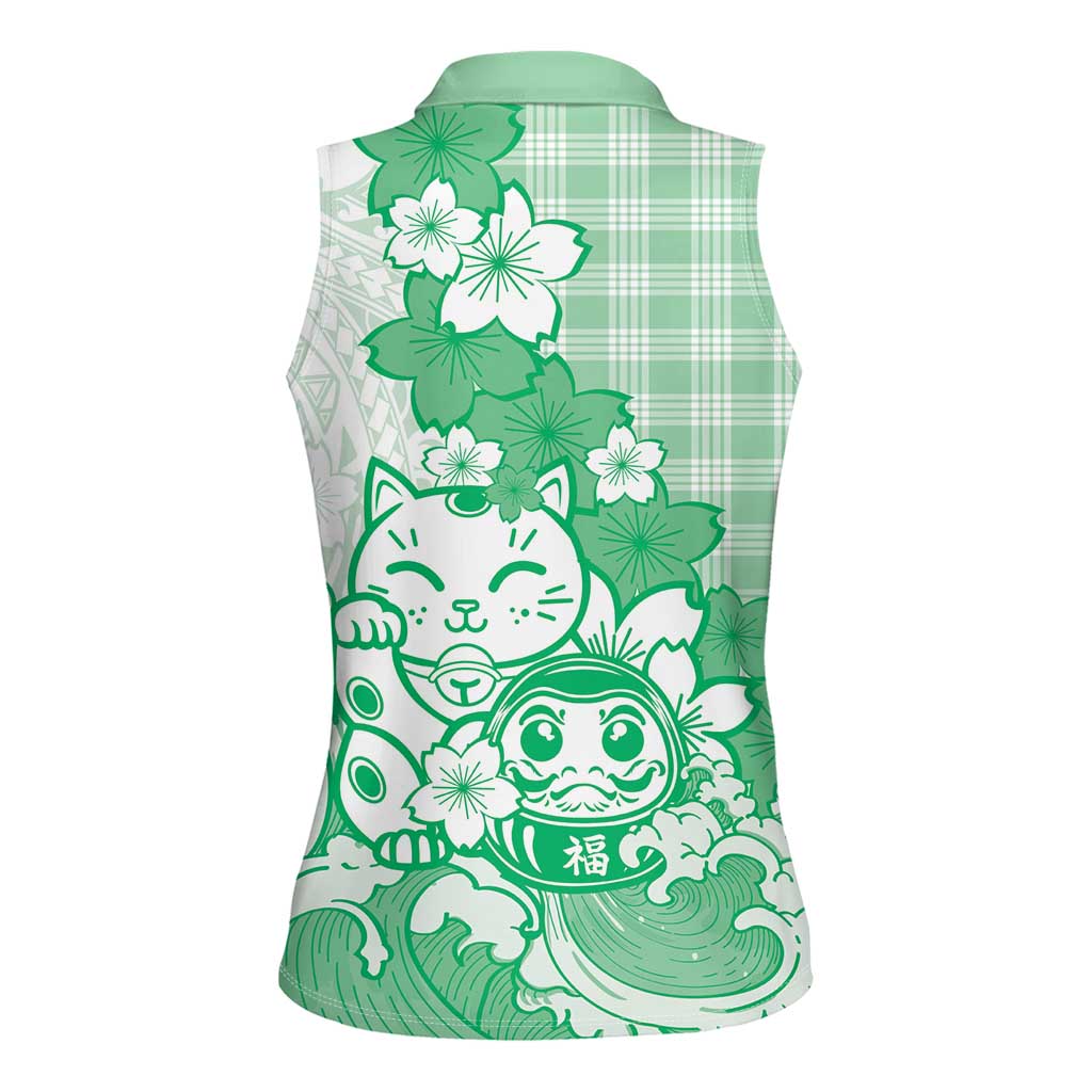 Green Palaka Hawaiian And Japanese Women Sleeveless Polo Shirt Maneki Neko And Sakura Bloom