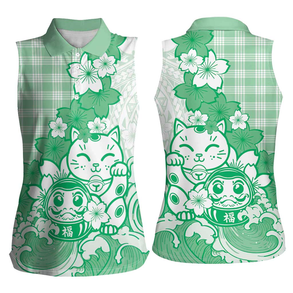 Green Palaka Hawaiian And Japanese Women Sleeveless Polo Shirt Maneki Neko And Sakura Bloom