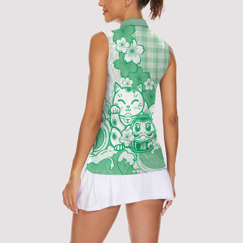 Green Palaka Hawaiian And Japanese Women Sleeveless Polo Shirt Maneki Neko And Sakura Bloom