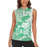 Green Palaka Hawaiian And Japanese Women Sleeveless Polo Shirt Maneki Neko And Sakura Bloom