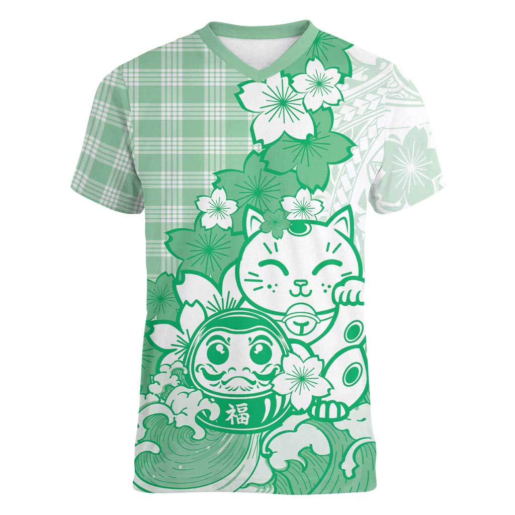 Green Palaka Hawaiian And Japanese Women V-Neck T-Shirt Maneki Neko And Sakura Bloom