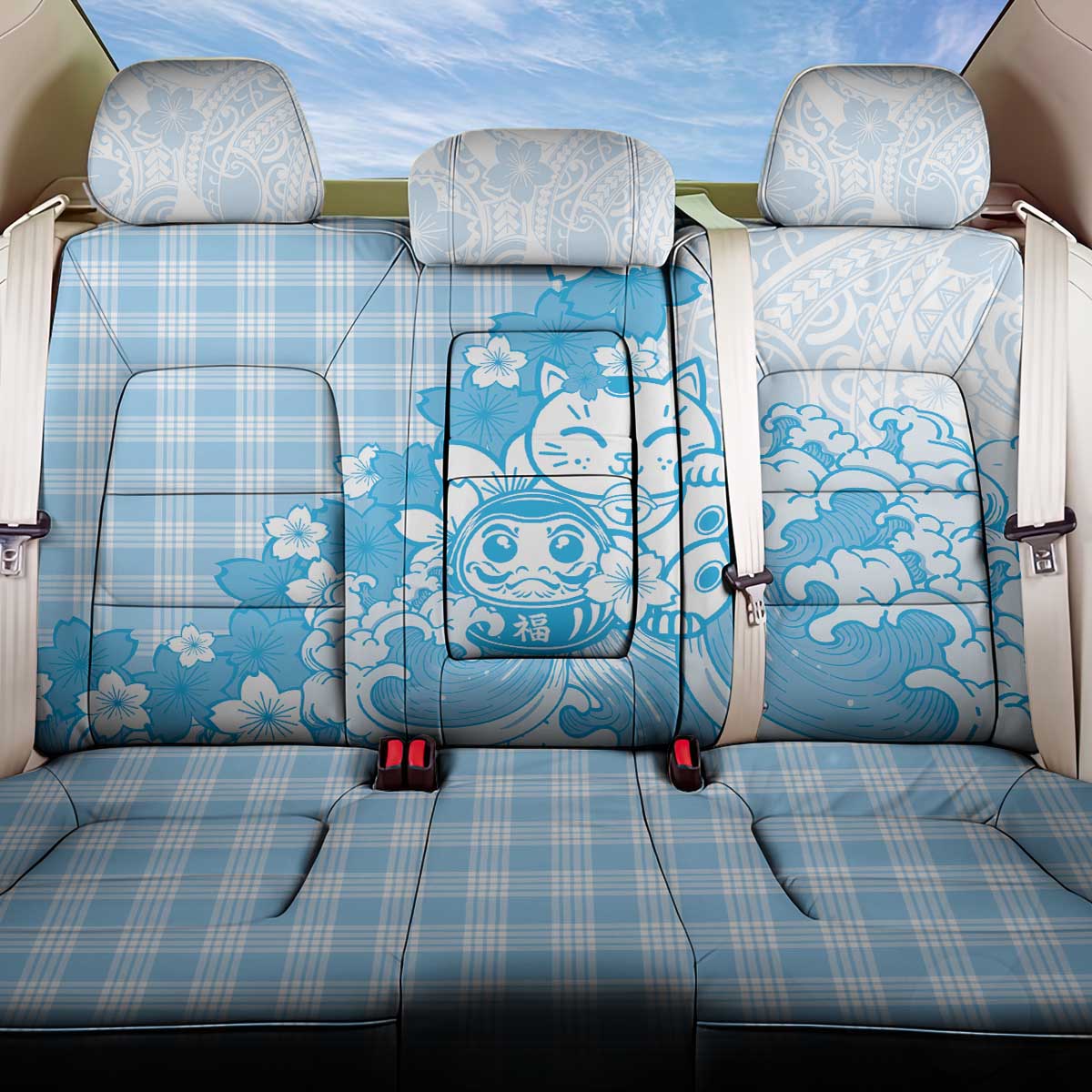 Blue Palaka Hawaiian And Japanese Back Car Seat Cover Maneki Neko And Sakura Bloom