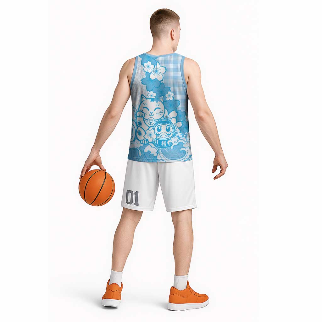 Blue Palaka Hawaiian And Japanese Basketball Jersey Maneki Neko And Sakura Bloom DT05 - Polynesian Pride