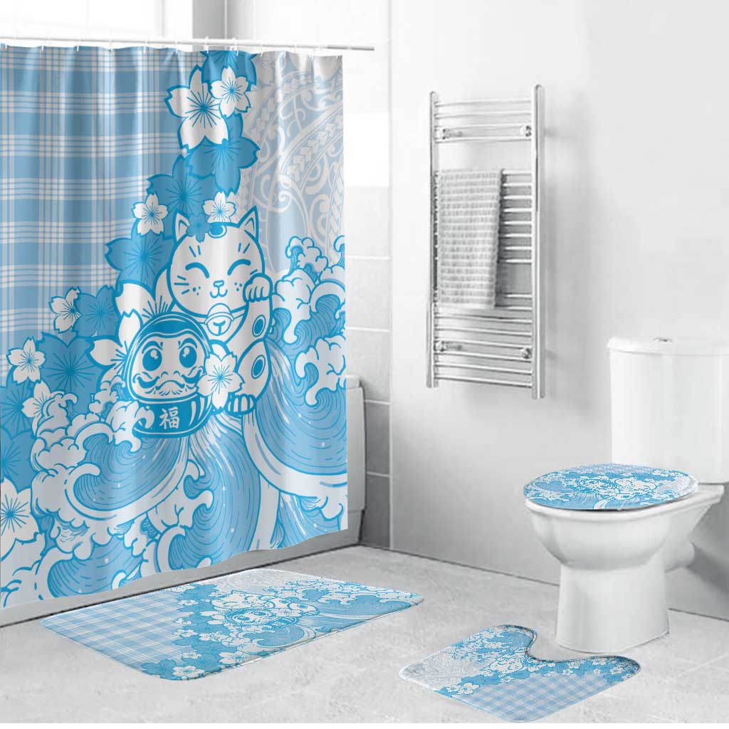 Blue Palaka Hawaiian And Japanese Bathroom Set Maneki Neko And Sakura Bloom