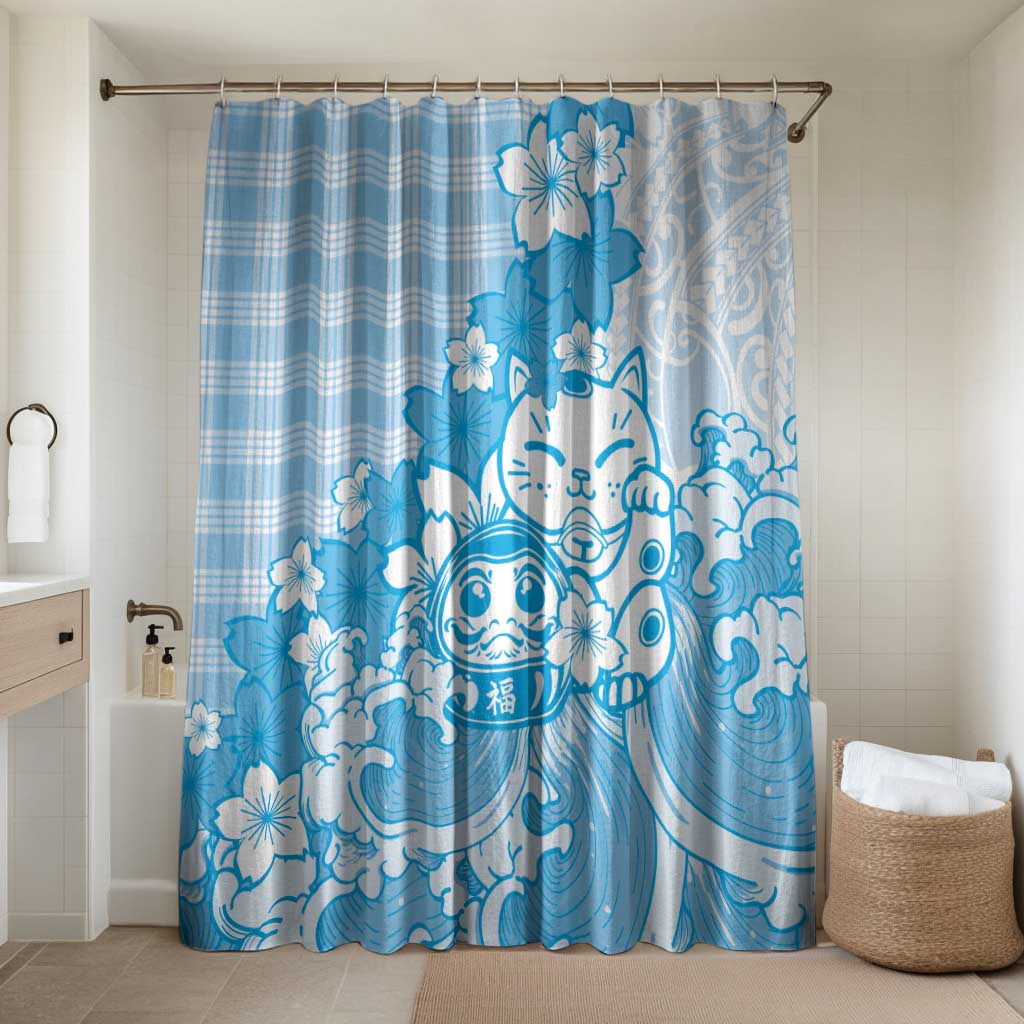 Blue Palaka Hawaiian And Japanese Bathroom Set Maneki Neko And Sakura Bloom