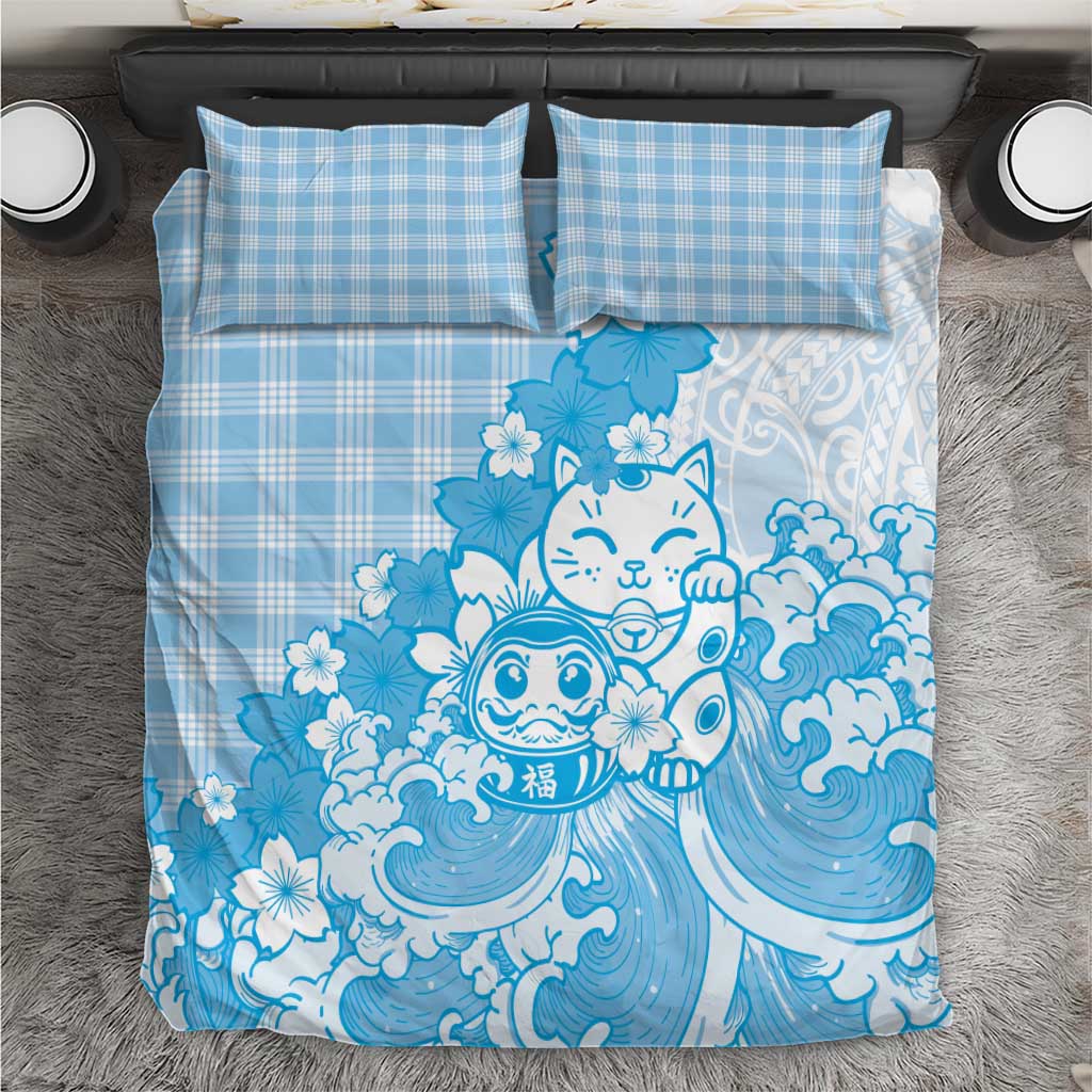 Blue Palaka Hawaiian And Japanese Bedding Set Maneki Neko And Sakura Bloom