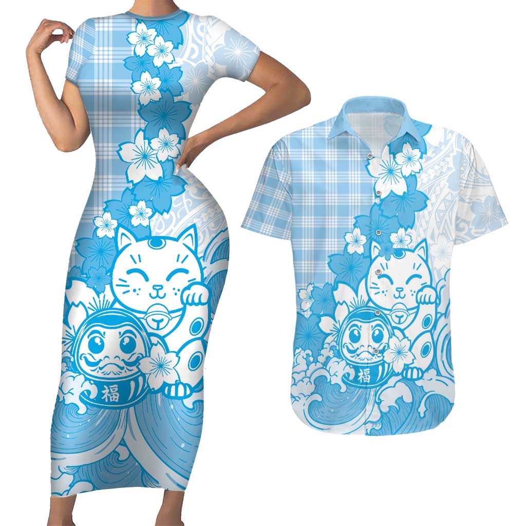 Blue Palaka Hawaiian And Japanese Couples Matching Short Sleeve Bodycon Dress and Hawaiian Shirt Maneki Neko And Sakura Bloom DT05 Blue - Polynesian Pride